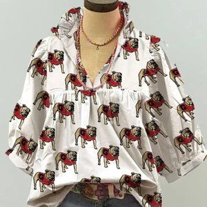 Georgia Bulldog white blouse with puff sleeves XL NWOT